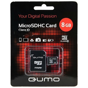 Карта памяти microSDHC [класс 10]  8 GB Qumo+ SD адаптер (QM8GMICSDHC10)